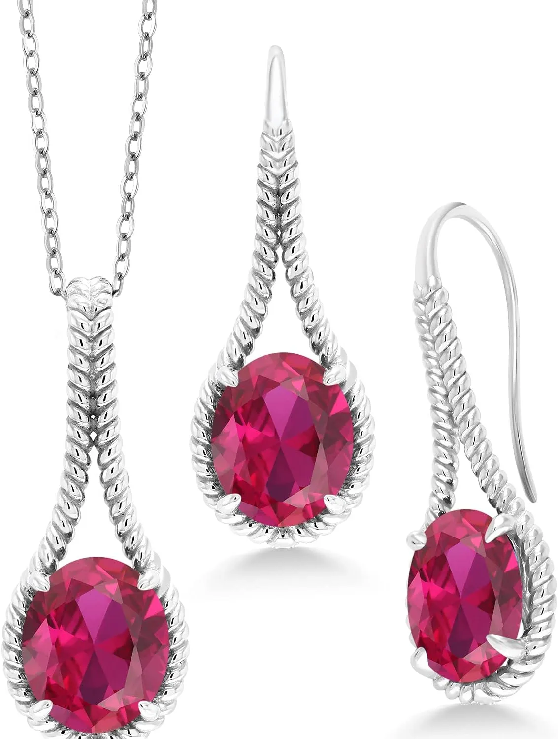 Gem Stone King 15.00 Cttw Oval Red Created Ruby Pendant and Earrings Jewelry Set For Women In 925 Sterling Silver | Oval 12X10MM | With 18 Inch Silver Chain