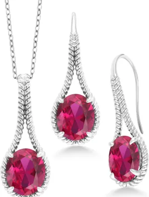 Gem Stone King 15.00 Cttw Oval Red Created Ruby Pendant and Earrings Jewelry Set For Women In 925 Sterling Silver | Oval 12X10MM | With 18 Inch Silver Chain