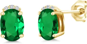 Gem Stone King 18K Yellow Gold Plated Silver Green Simulated Emerald and White Lab Grown Diamond Earrings For Women (1.26 Cttw, Oval 7X5MM)
