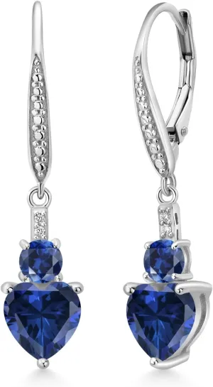 Gem Stone King 2.73 Cttw Blue Simulated Sapphire Blue Created Sapphire and White Lab Grown Diamond Drop Dangle Earrings For Women | 925 Sterling Silver | Heart Shape 7MM | Round 4MM