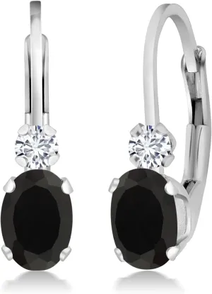 Gem Stone King 925 Sterling Silver Black Onyx and White Diamond Leverback Earrings For Women (0.85 Cttw, Gemstone December Birthstone, Oval 6X4MM, Round 2MM, 3/4 Inch)
