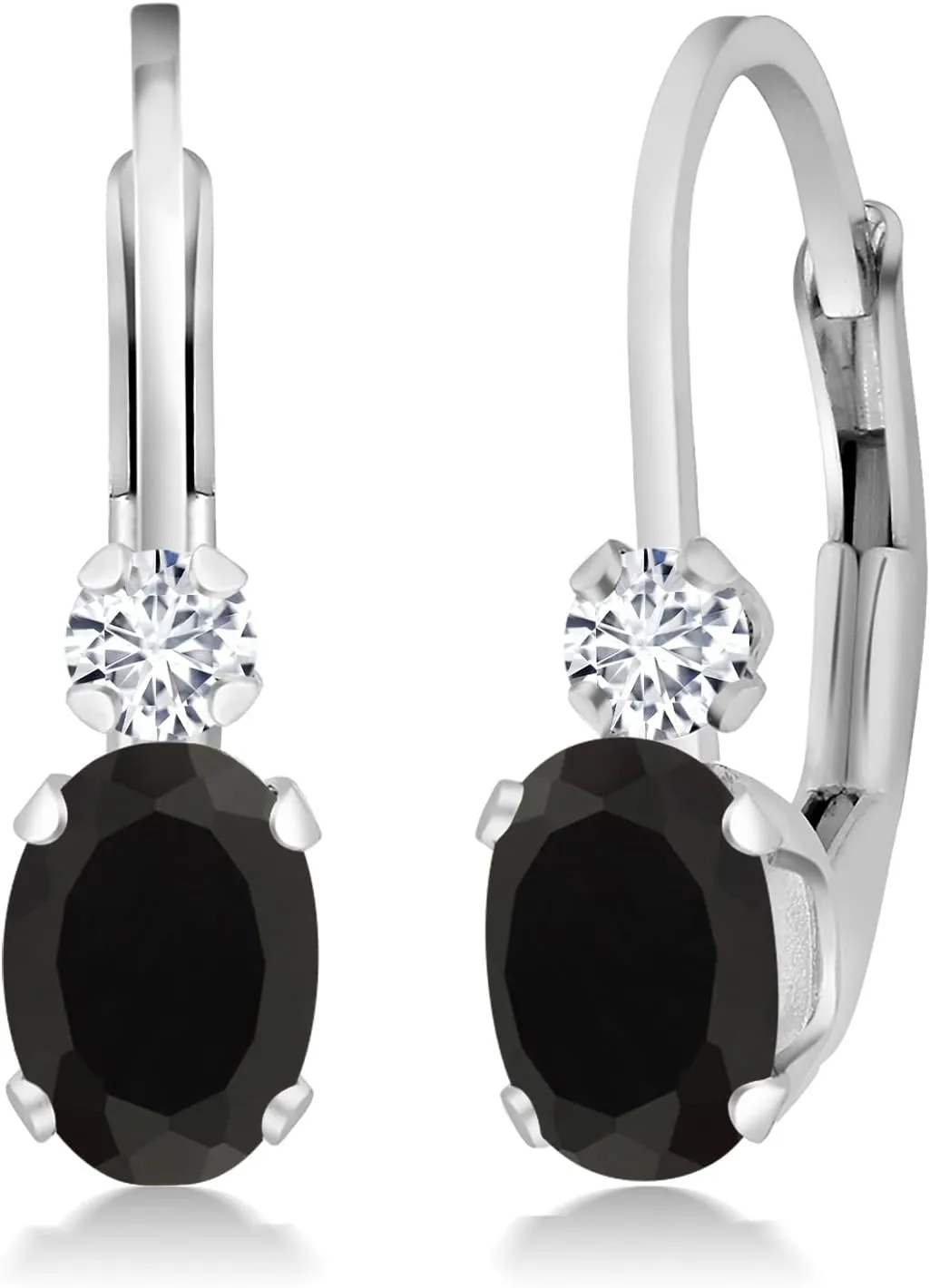 Gem Stone King 925 Sterling Silver Black Onyx and White Diamond Leverback Earrings For Women (0.85 Cttw, Gemstone December Birthstone, Oval 6X4MM, Round 2MM, 3/4 Inch)