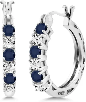 Gem Stone King 925 Sterling Silver Blue Sapphire and White Lab Grown Diamond Accent Hoop Earrings For Women (0.83 Cttw, 22MM = 0.85 Inches Diameter)
