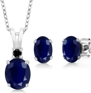 Gem Stone King 925 Sterling Silver Oval Blue Sapphire and Black Diamond Pendant and Earrings Jewelry Set For Women | 3.90 Cttw | Gemstone Birthstone | With 18 Inch Silver Chain