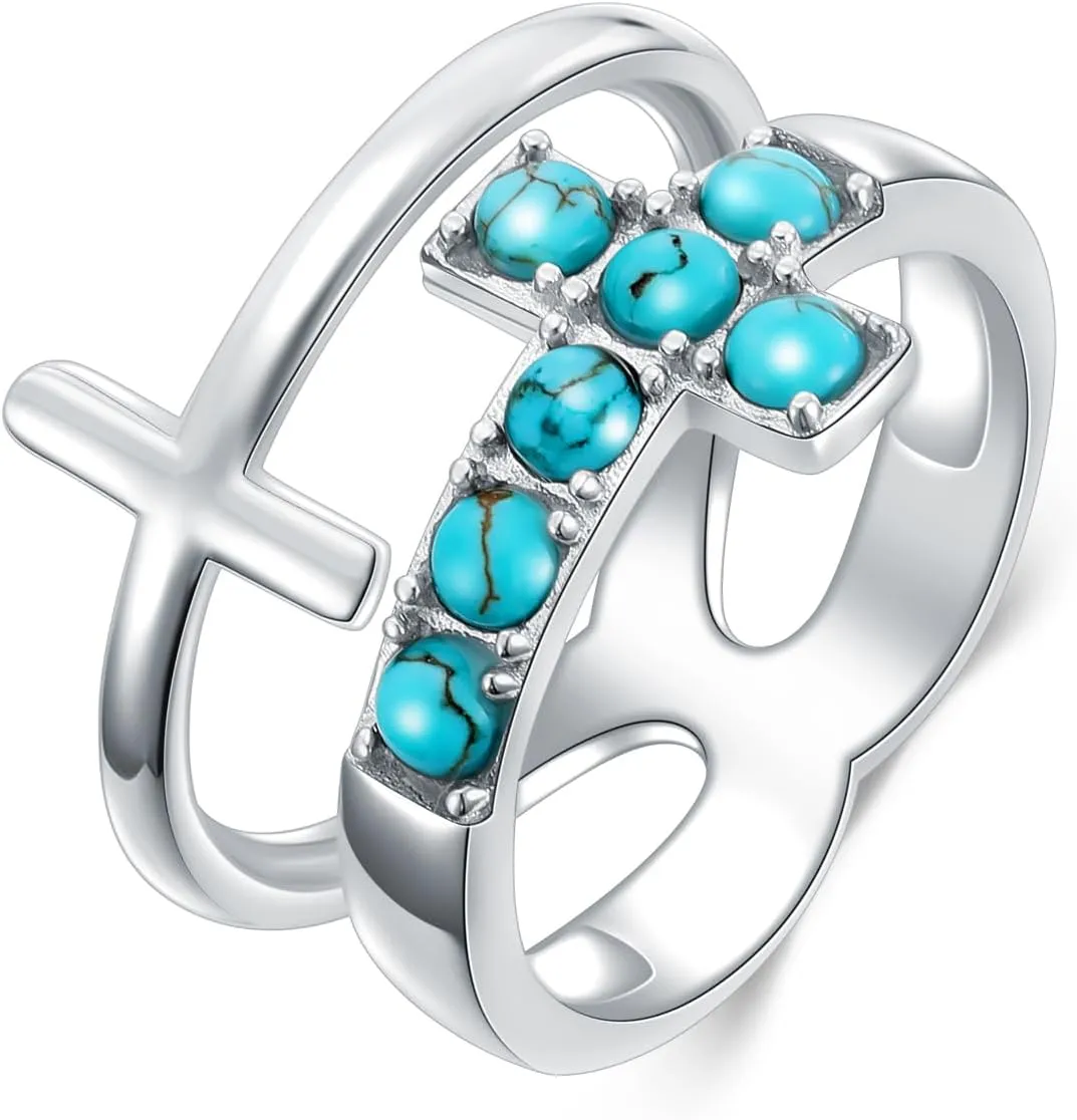 Genuine Turquoise Double Cross Rings for Women 925 Sterling Silver Layered Pray Through It Rings Jewelry for Her Mom Wife