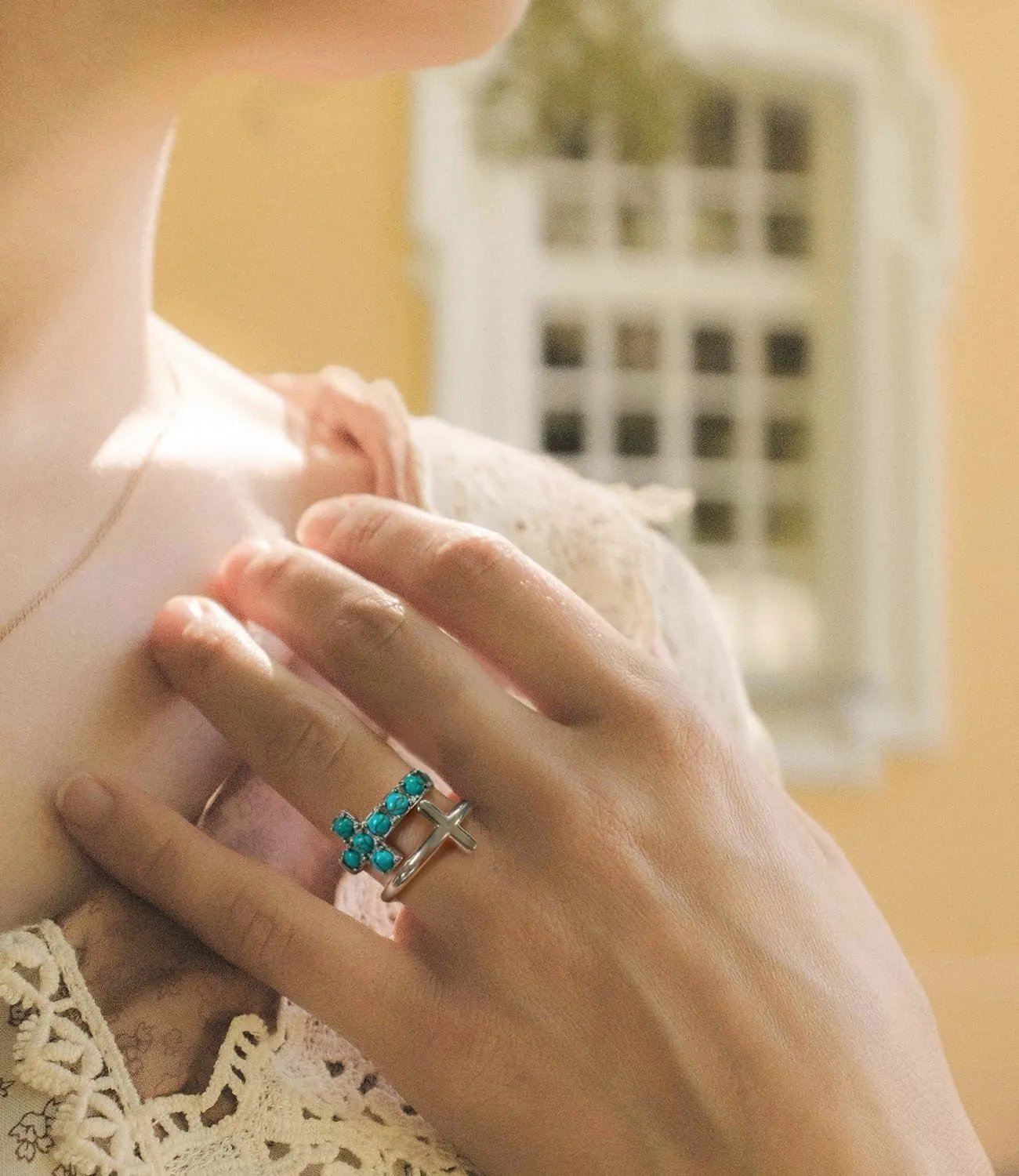 Genuine Turquoise Double Cross Rings for Women 925 Sterling Silver Layered Pray Through It Rings Jewelry for Her Mom Wife