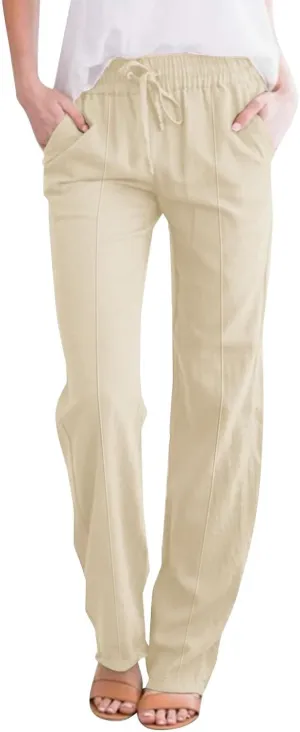 GIERIDUC Women's Cotton Linen Summer Palazzo Pants Casual Flowy Wide Leg Beach Trousers with Pockets Spring Outfits 2025
