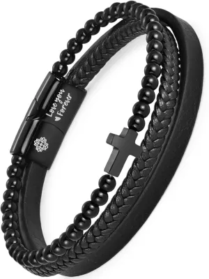 Gifts for Men Braided Leather Bracelets for Men 316 Stainless Steel Engraved with Love You Forever Jewelry Unique Valentine's Day, Birthday & Anniversary,Gifts for Son,Him, Husband, Boyfriend
