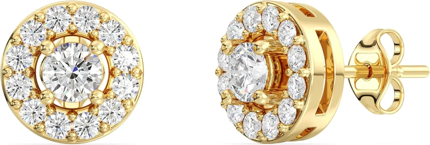 Gilded Lab-Grown Diamond Stud Plus Round Halo Earrings for Women, Round Cut, 4-Prong, Push Back, 925 Sterling Silver or 14KTGold-Plated, F Color SI1