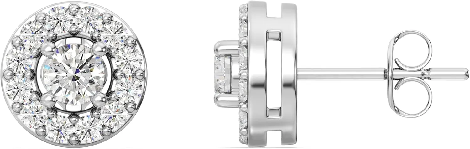 Gilded Lab-Grown Diamond Stud Plus Round Halo Earrings for Women, Round Cut, 4-Prong, Push Back, 925 Sterling Silver or 14KTGold-Plated, F Color SI1