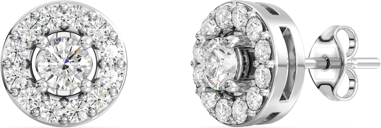 Gilded Lab-Grown Diamond Stud Plus Round Halo Earrings for Women, Round Cut, 4-Prong, Push Back, 925 Sterling Silver or 14KTGold-Plated, F Color SI1