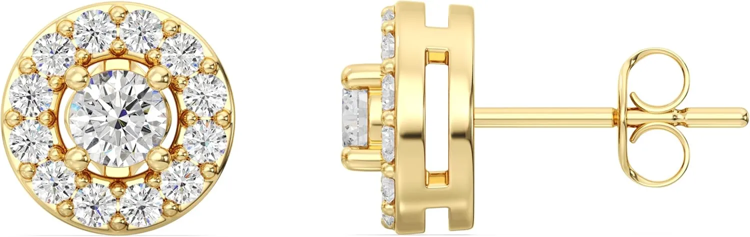 Gilded Lab-Grown Diamond Stud Plus Round Halo Earrings for Women, Round Cut, 4-Prong, Push Back, 925 Sterling Silver or 14KTGold-Plated, F Color SI1