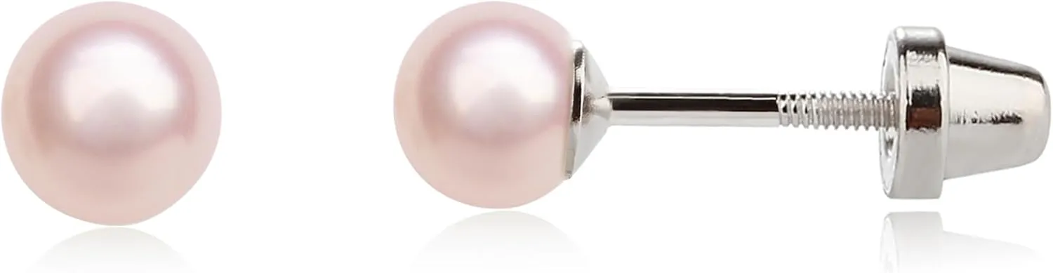 Girls 14K Gold Plated or Sterling Silver 4-5mm Cultured or Simulated Pearl Earrings with Safety Screw Backs for Babies, Toddlers, Teens, or Women