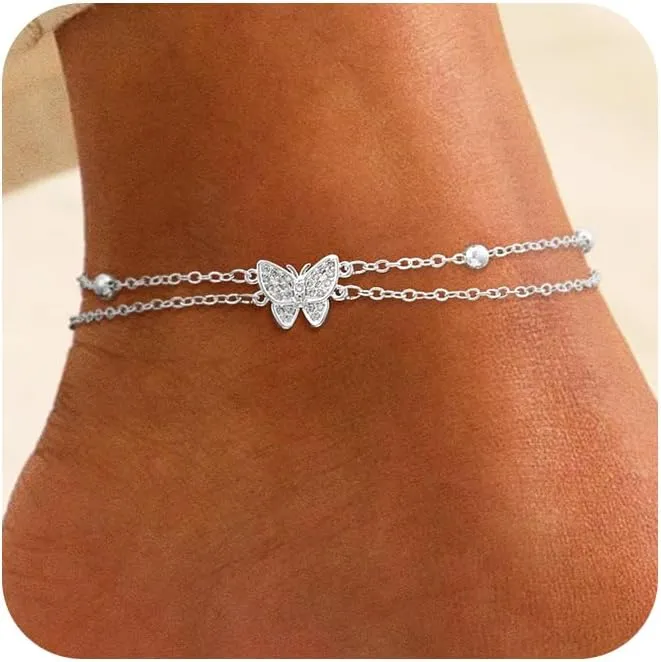 Gold Ankle Bracelets Stack 14K Gold Filled Dainty Rhinestone Cute Leaf Beaded Anklets Beachy Boho Jewelry Sets Gifts for Women