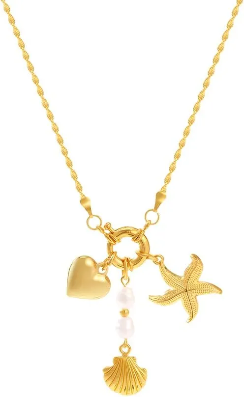 Gold Charm Necklace for Women Beach Starfish Pendant Necklace Seashell Shell Pearl Heart Necklace for Summer Beachy Holiday Jewelry Gifts
