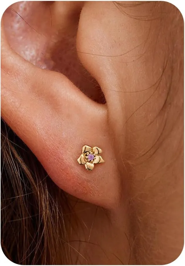 Gold Earrings-14K Gold Plated Flower Earrings Dainty Birthstone Cubic Zirconia Studs Flower Earrings for Women Birthday Gift for Her