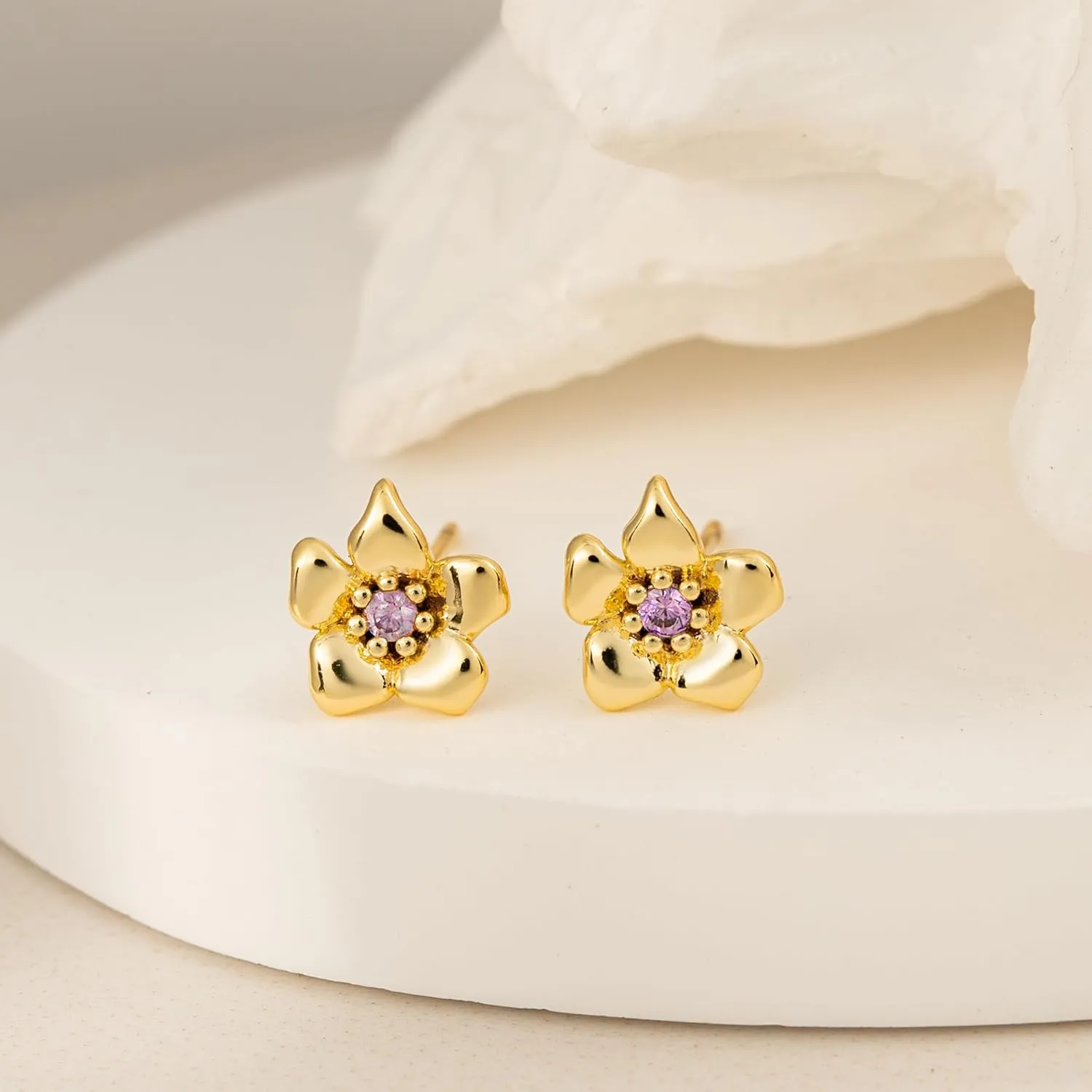 Gold Earrings-14K Gold Plated Flower Earrings Dainty Birthstone Cubic Zirconia Studs Flower Earrings for Women Birthday Gift for Her