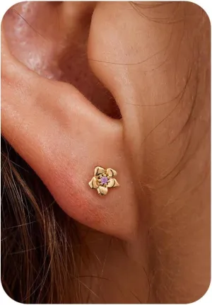 Gold Earrings-14K Gold Plated Flower Earrings Dainty Birthstone Cubic Zirconia Studs Flower Earrings for Women Birthday Gift for Her