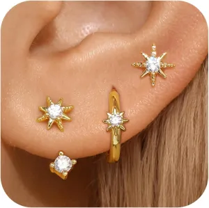 Gold Earrings Stacks for Women, 14K Gold Plated Hoop & Huggie Ear Jackets Set, CZ Hypoallergenic Small Earrings  Trendy 2025