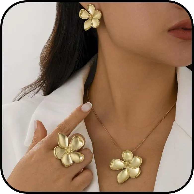 Gold Flower Earrings Necklace Set Flower Jewelry Big Foral Statement Earrings for Women Summer Charm Necklace Beach Vacation Essentials