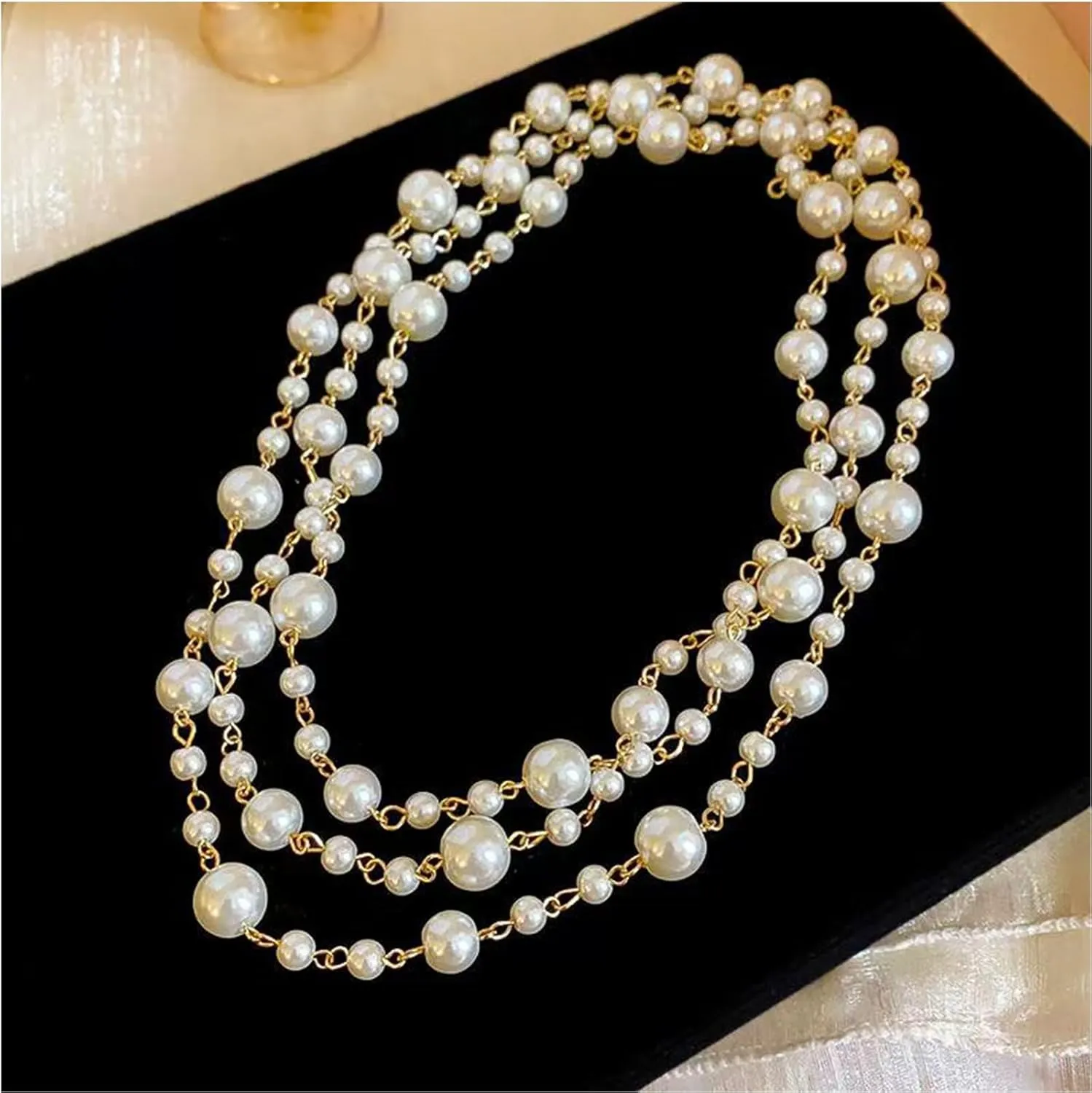 Gold Long Pearl Necklaces for Women Cream White Faux Pearl Strand Layered Necklace Double Layered Pearl Necklace Charm Sweater Chain Jewelry Gifts
