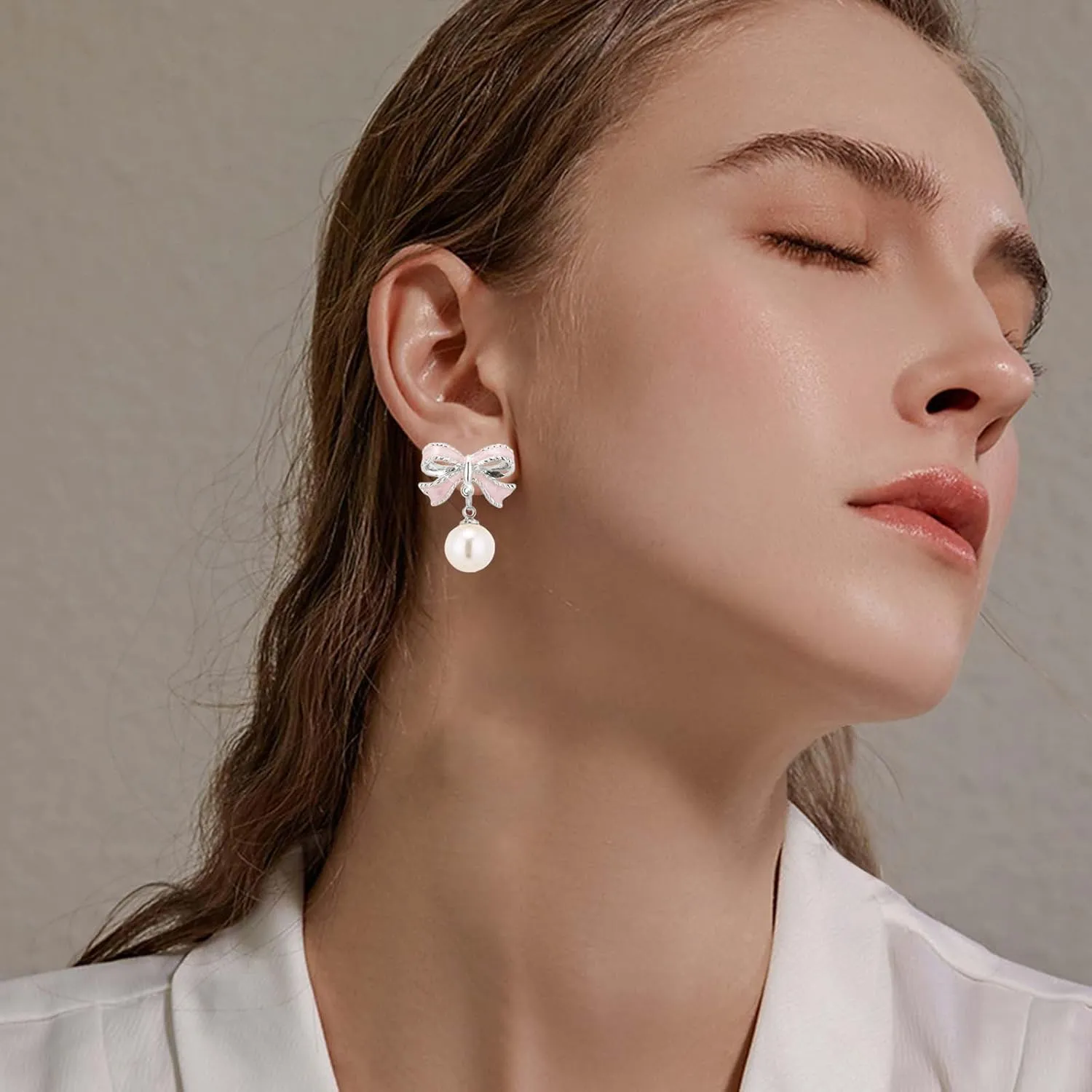 Gold Pearl Bow Earrings for Women Ribbon Dangle Drop Stud Earrings Silver Dainty Faux Pearl Earrings for Women Jewelry for Mom Her