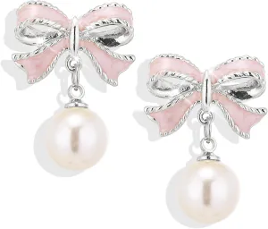 Gold Pearl Bow Earrings for Women Ribbon Dangle Drop Stud Earrings Silver Dainty Faux Pearl Earrings for Women Jewelry for Mom Her