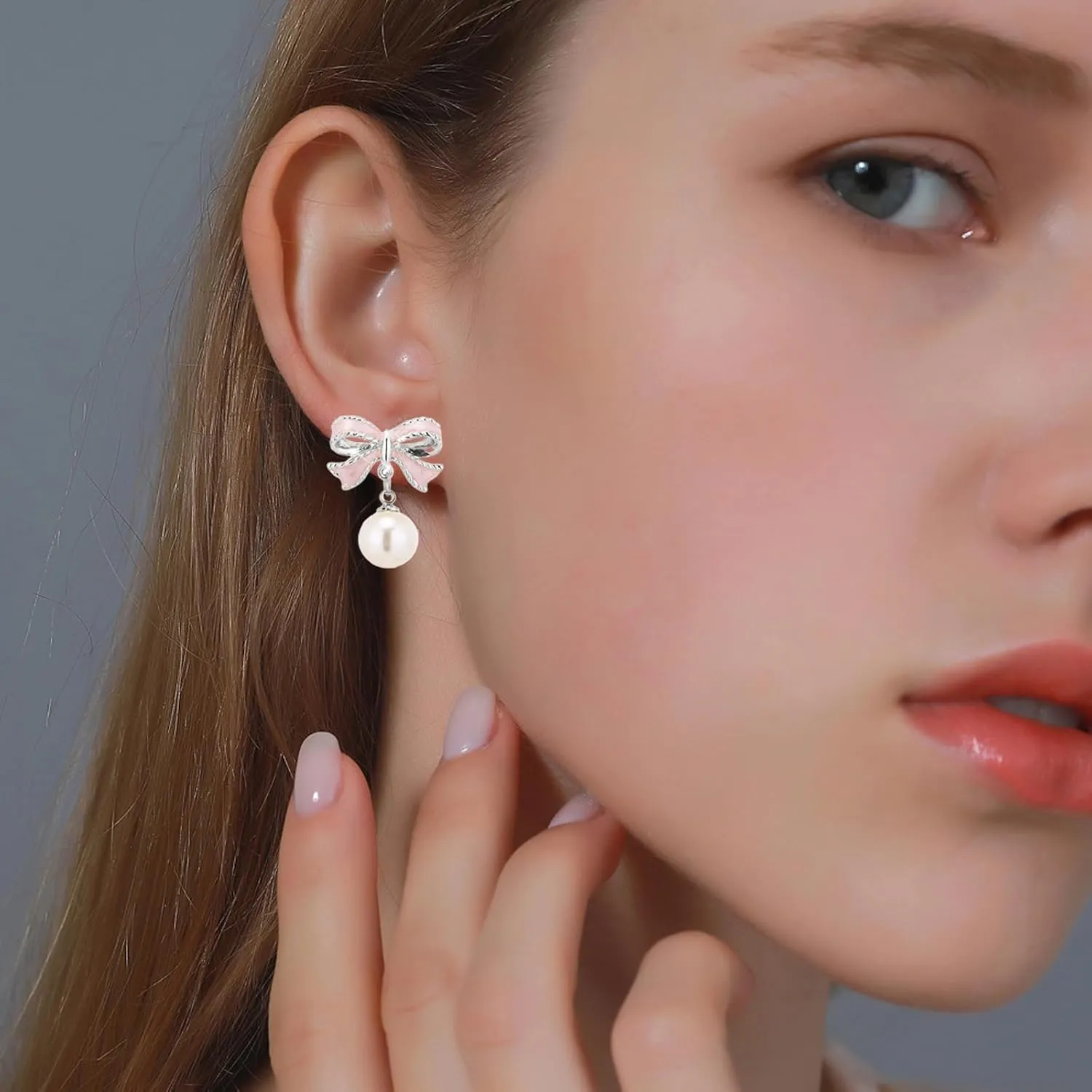 Gold Pearl Bow Earrings for Women Ribbon Dangle Drop Stud Earrings Silver Dainty Faux Pearl Earrings for Women Jewelry for Mom Her