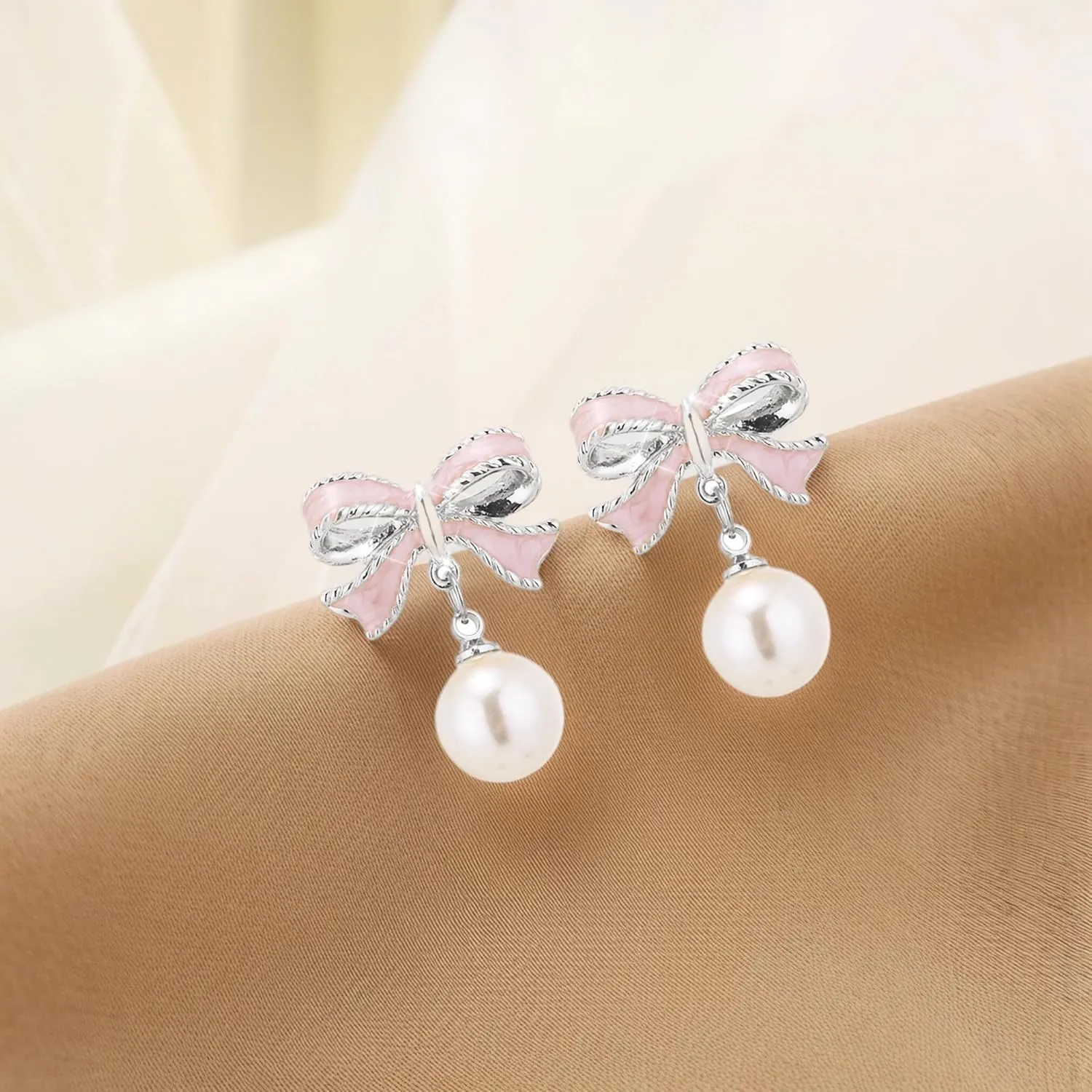 Gold Pearl Bow Earrings for Women Ribbon Dangle Drop Stud Earrings Silver Dainty Faux Pearl Earrings for Women Jewelry for Mom Her