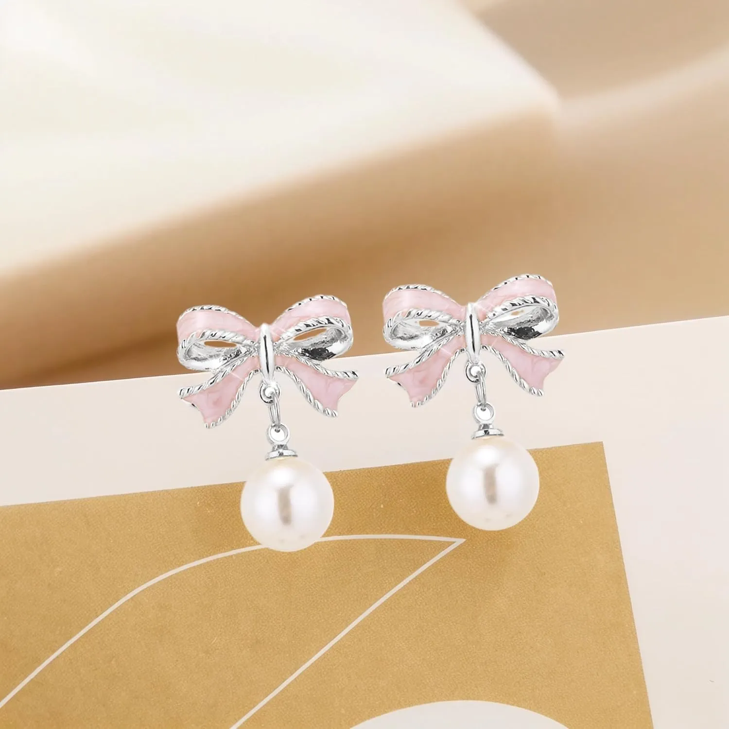 Gold Pearl Bow Earrings for Women Ribbon Dangle Drop Stud Earrings Silver Dainty Faux Pearl Earrings for Women Jewelry for Mom Her
