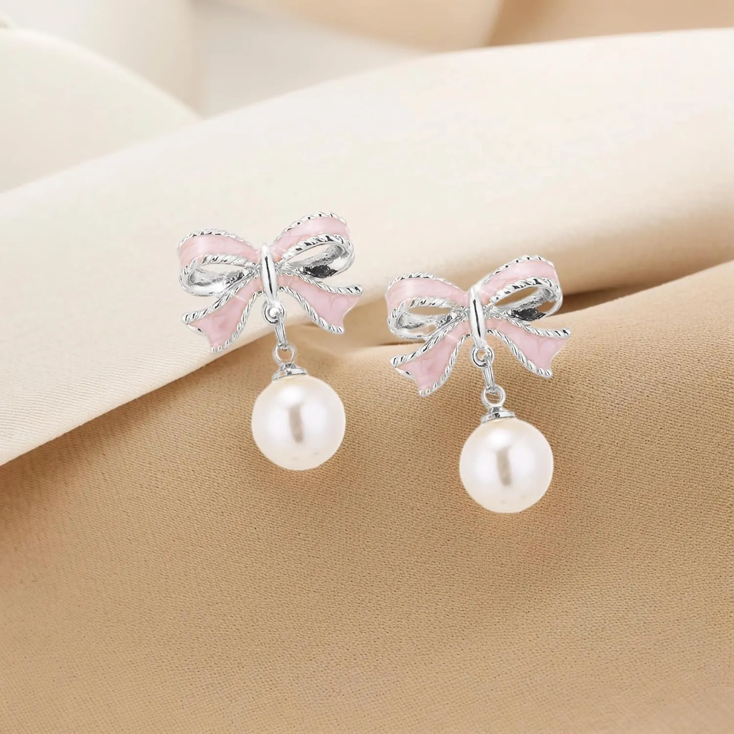 Gold Pearl Bow Earrings for Women Ribbon Dangle Drop Stud Earrings Silver Dainty Faux Pearl Earrings for Women Jewelry for Mom Her