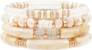 Gold Plated Beaded Acrylic Bamboo Tube Bangle Bracelets for Women, Colorful Chunky Curved Tube With Gold Pieces Beads Stretch Bracelet Friendship Summer Beach Jewelry