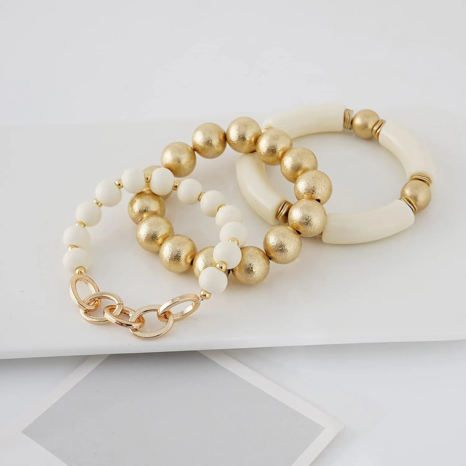 Gold Plated Beaded Acrylic Bamboo Tube Bangle Bracelets for Women, Colorful Chunky Curved Tube With Gold Pieces Beads Stretch Bracelet Friendship Summer Beach Jewelry