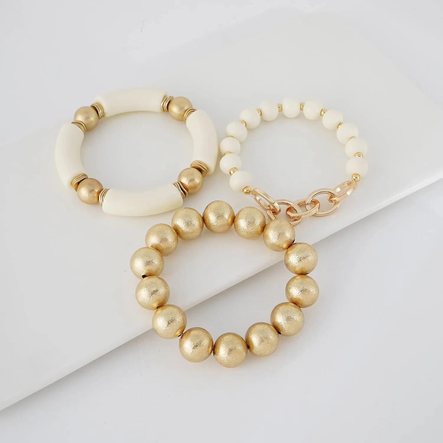 Gold Plated Beaded Acrylic Bamboo Tube Bangle Bracelets for Women, Colorful Chunky Curved Tube With Gold Pieces Beads Stretch Bracelet Friendship Summer Beach Jewelry