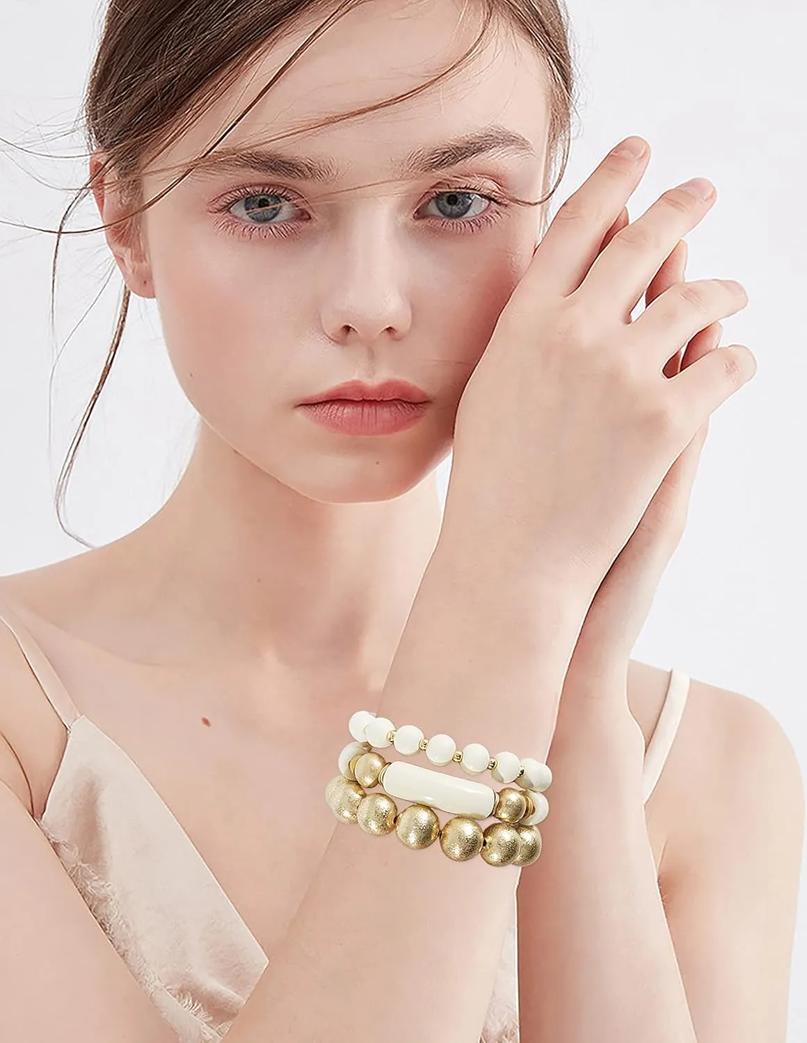 Gold Plated Beaded Acrylic Bamboo Tube Bangle Bracelets for Women, Colorful Chunky Curved Tube With Gold Pieces Beads Stretch Bracelet Friendship Summer Beach Jewelry