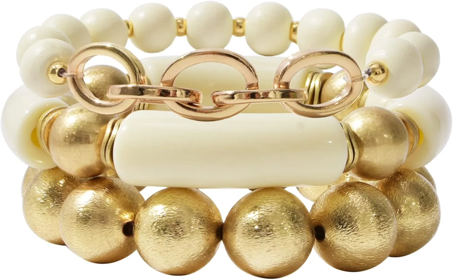 Gold Plated Beaded Acrylic Bamboo Tube Bangle Bracelets for Women, Colorful Chunky Curved Tube With Gold Pieces Beads Stretch Bracelet Friendship Summer Beach Jewelry