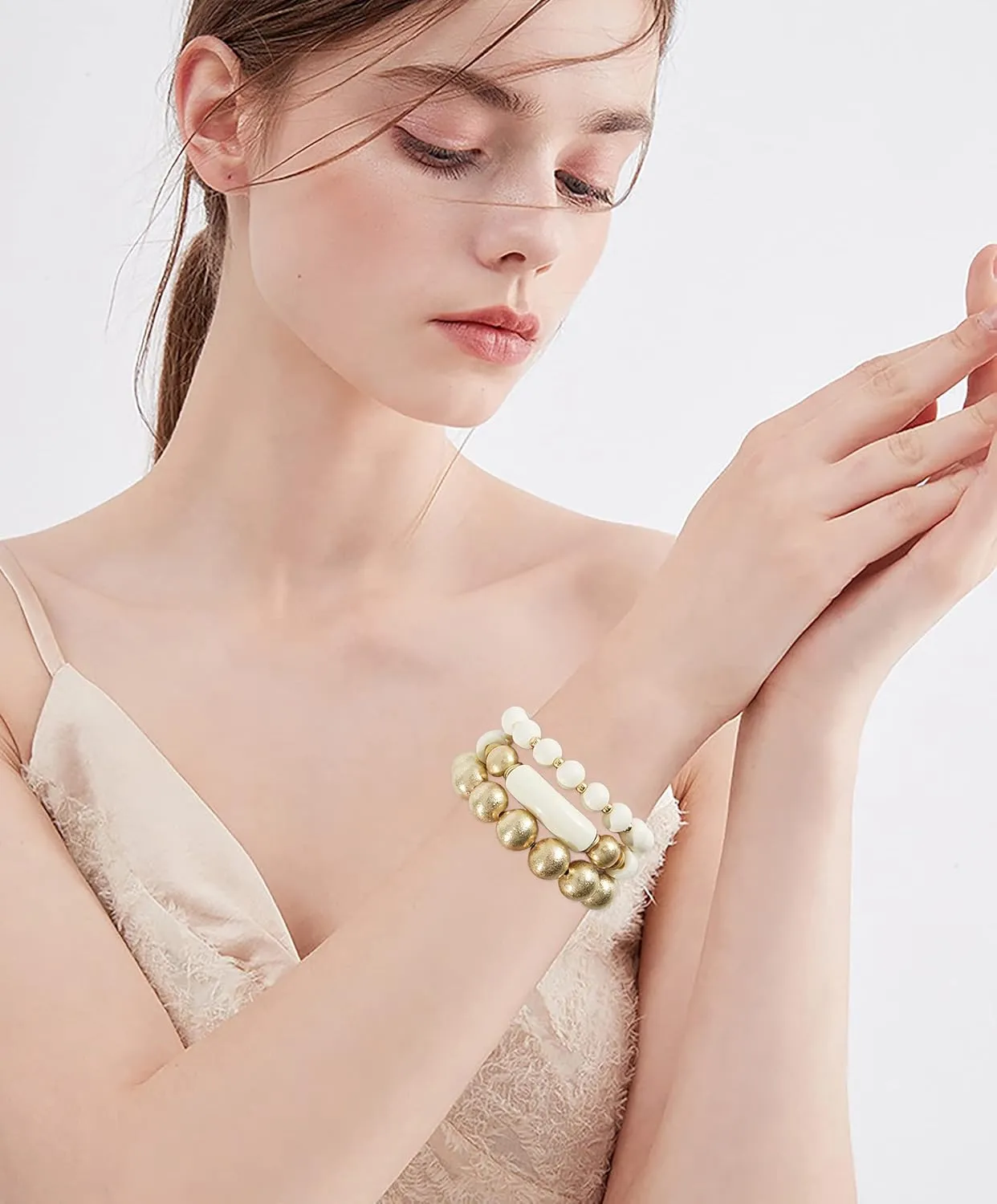 Gold Plated Beaded Acrylic Bamboo Tube Bangle Bracelets for Women, Colorful Chunky Curved Tube With Gold Pieces Beads Stretch Bracelet Friendship Summer Beach Jewelry