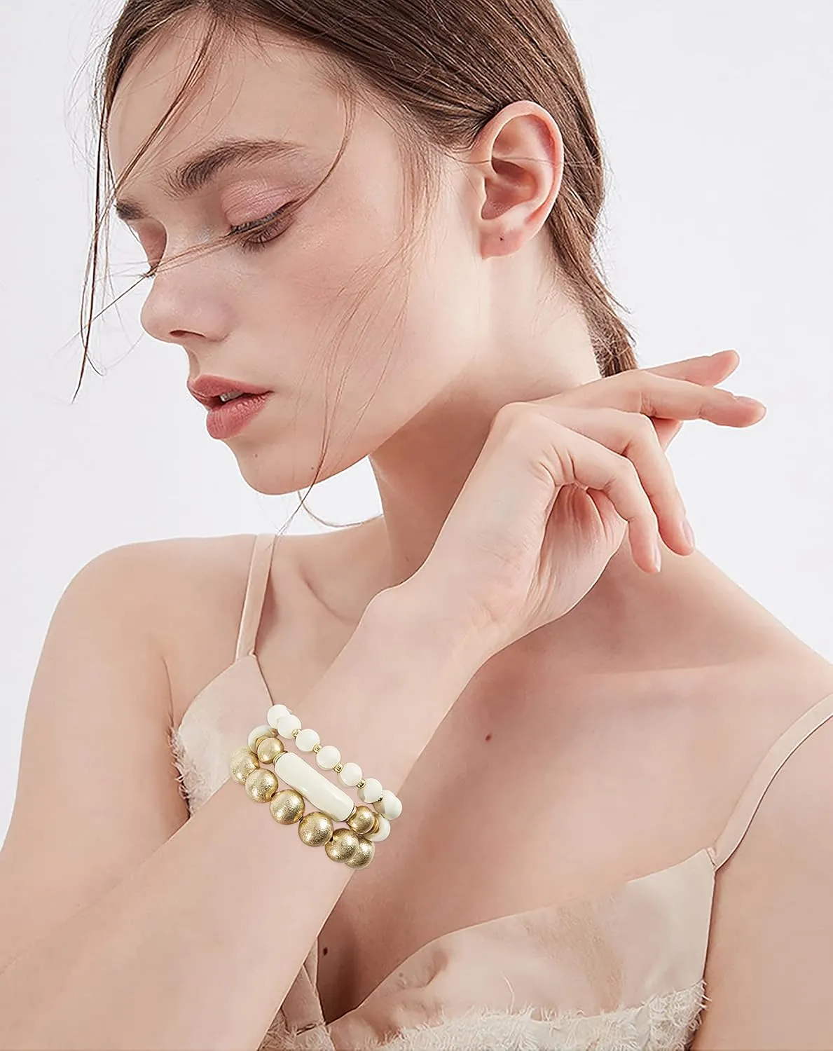 Gold Plated Beaded Acrylic Bamboo Tube Bangle Bracelets for Women, Colorful Chunky Curved Tube With Gold Pieces Beads Stretch Bracelet Friendship Summer Beach Jewelry