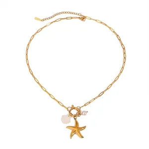 Gold Plated Summer Beach Necklace for Women Metal Starfish Seashell Necklace Vacation Jewelry