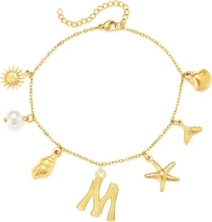 Gold Seashell Initial Ankle for Women Summer Beach Jewelry Stainless Steel Shell Starfish Charm Ankle Bracelets Women Beachy Anklets Jewelry