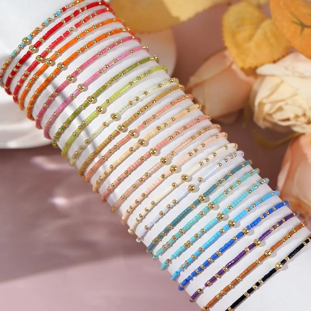 Gold Seed Beaded Bracelets Set for Women, 6Pcs Colorful Boho Friendship Beads Stackable Stretch Bracelet Summer Beach Jewelry Gift