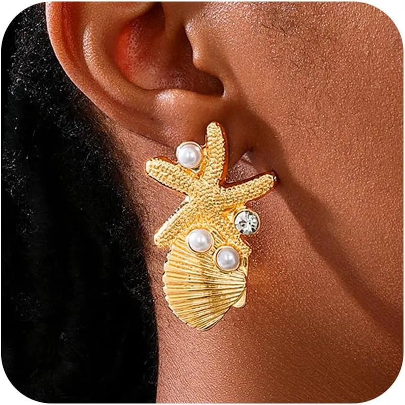 Gold Shell Starfish Earrings for Women Dainty Pearl Scallop Starfish Dangle Earrings Summer Beach Ear-Rings Non Tarnish Surfer Beachy Ocean Ear Jewelry Accessories for Her