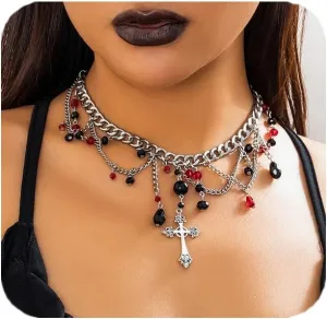 Goth Cross Necklace for Women Gothic Cross Pendant Necklace Vintage Layered Cross Choker Necklaces Punk Black Cross Necklace Halloween Jewelry