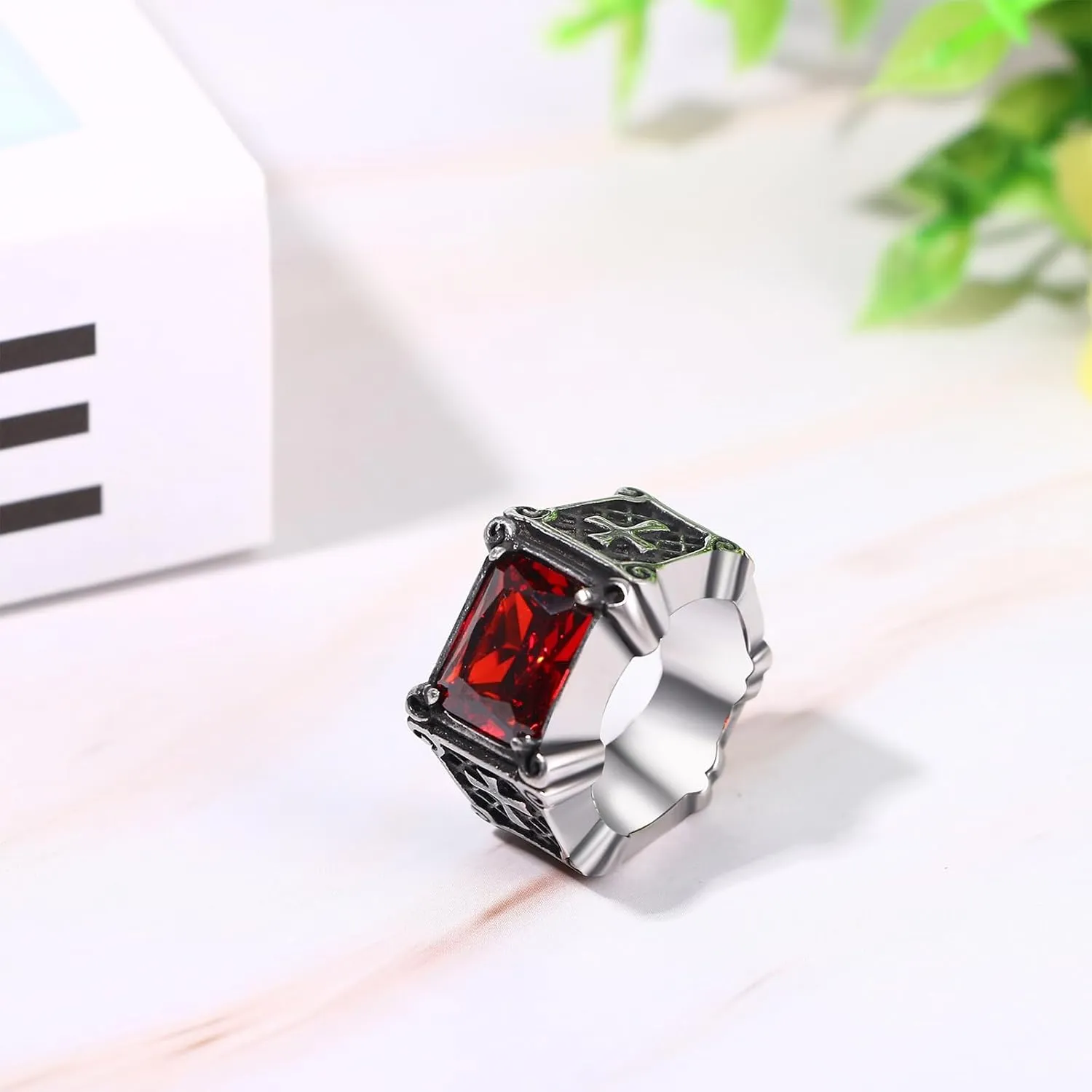 Gothic Cross Ring for Men Women: Rectangular Agate Red Black Stone Stainless Steel Biker Rings Band Pinky Ring, Size 7-13
