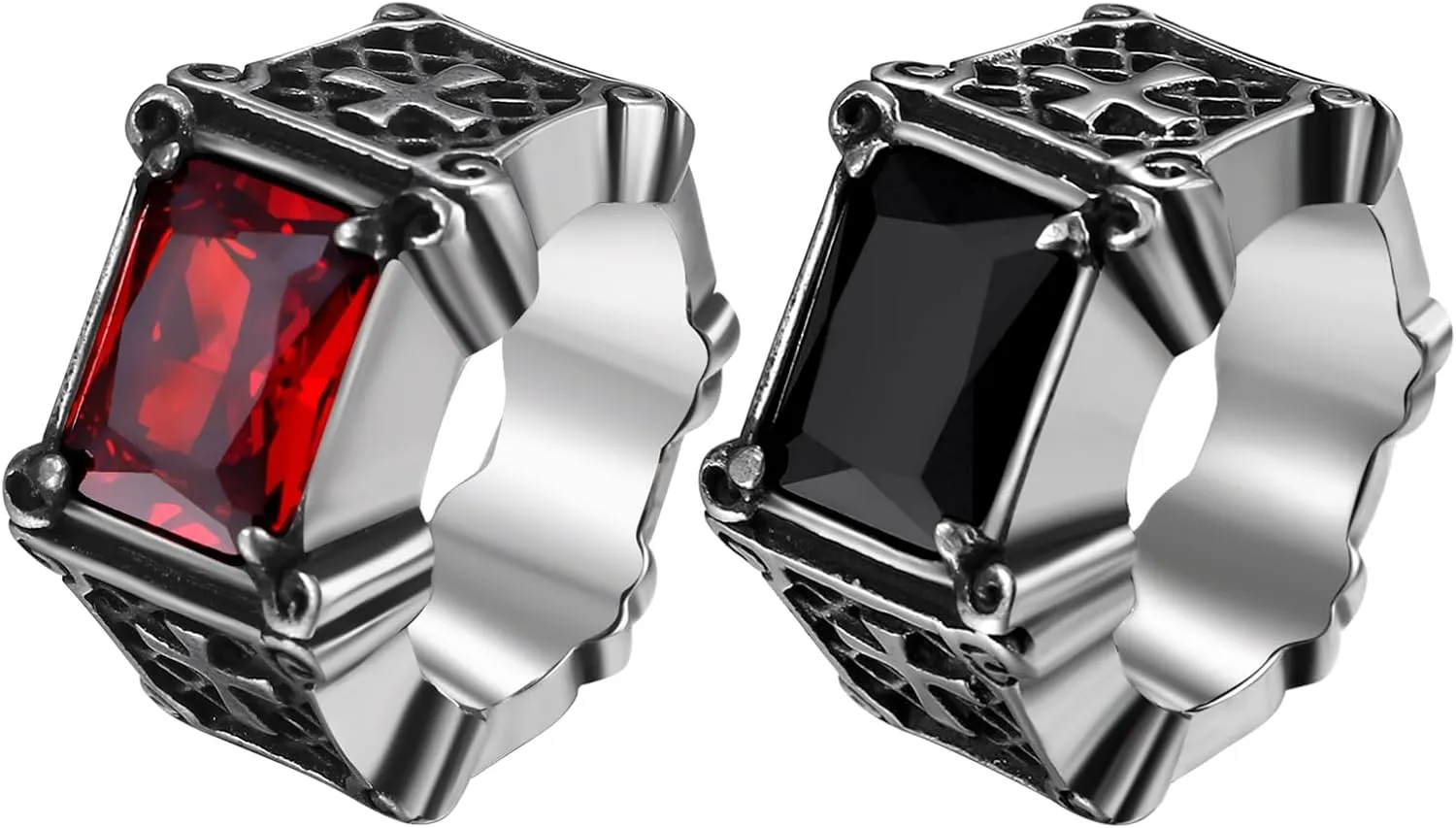 Gothic Cross Ring for Men Women: Rectangular Agate Red Black Stone Stainless Steel Biker Rings Band Pinky Ring, Size 7-13