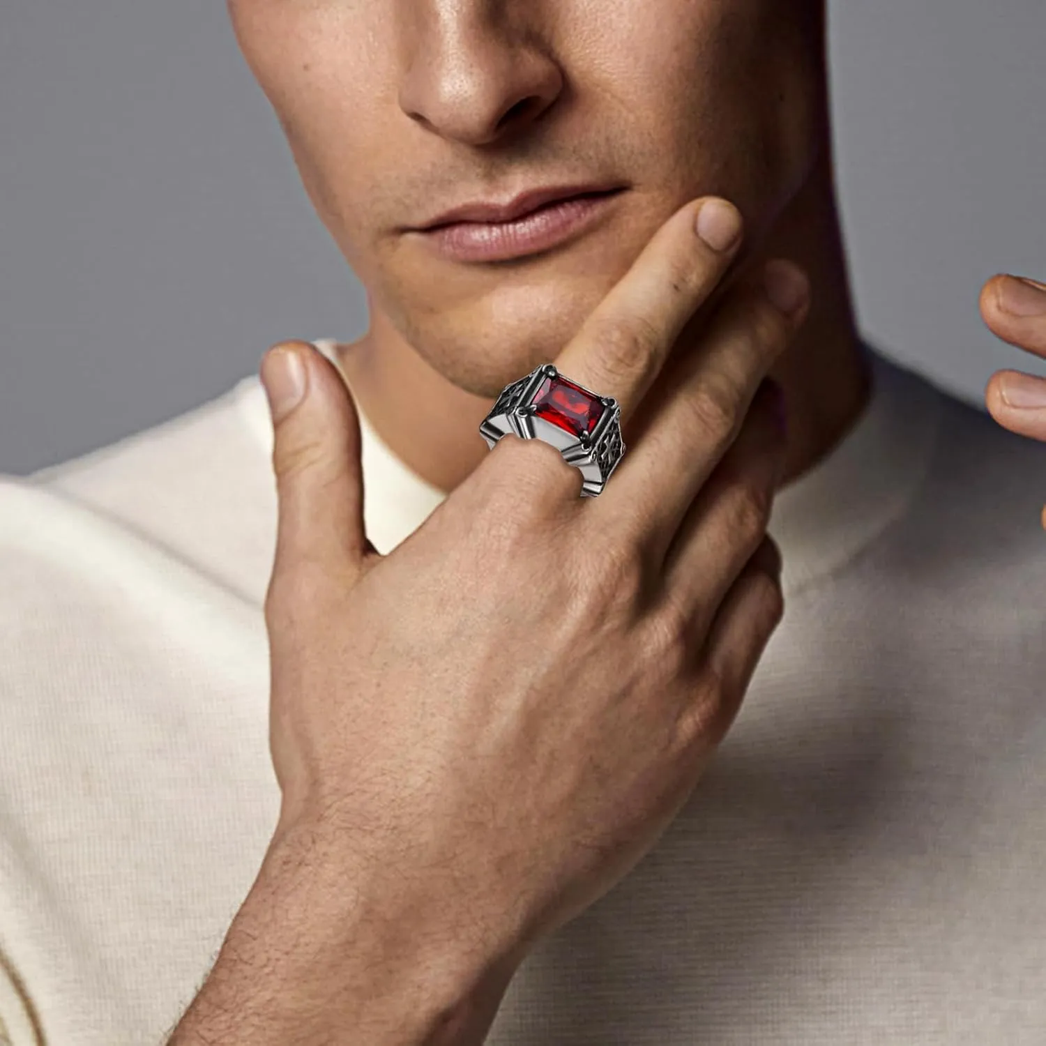 Gothic Cross Ring for Men Women: Rectangular Agate Red Black Stone Stainless Steel Biker Rings Band Pinky Ring, Size 7-13