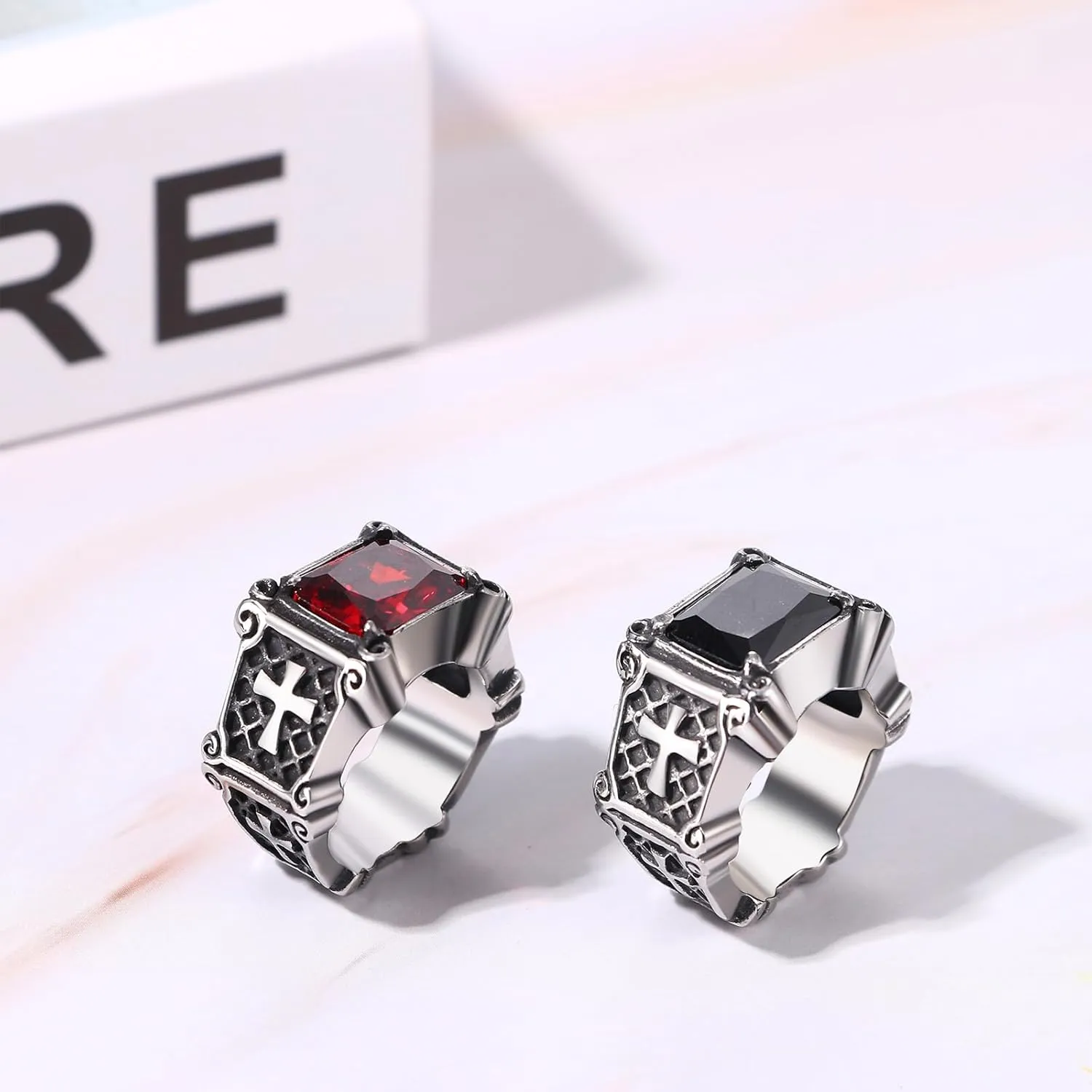 Gothic Cross Ring for Men Women: Rectangular Agate Red Black Stone Stainless Steel Biker Rings Band Pinky Ring, Size 7-13