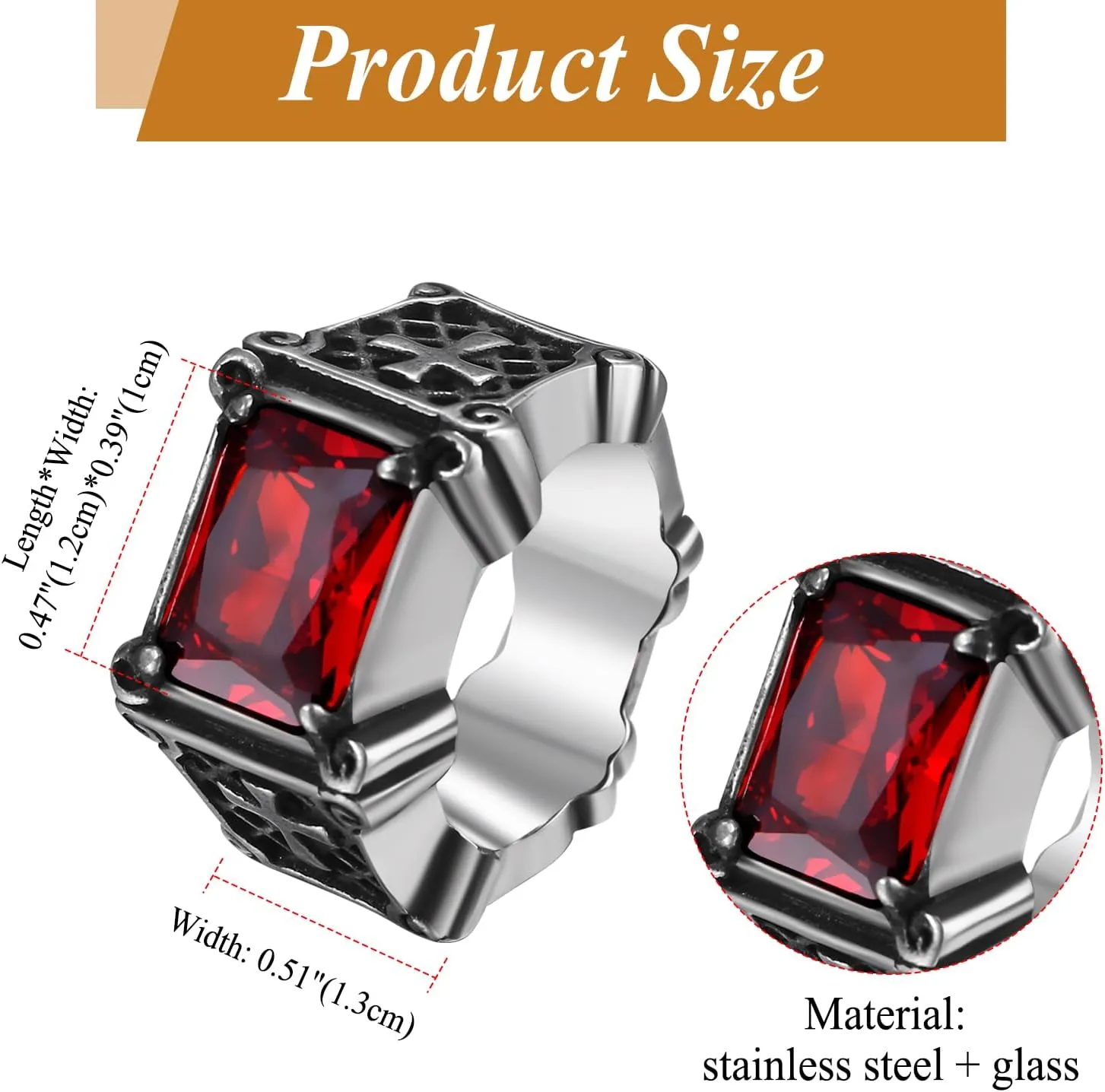 Gothic Cross Ring for Men Women: Rectangular Agate Red Black Stone Stainless Steel Biker Rings Band Pinky Ring, Size 7-13