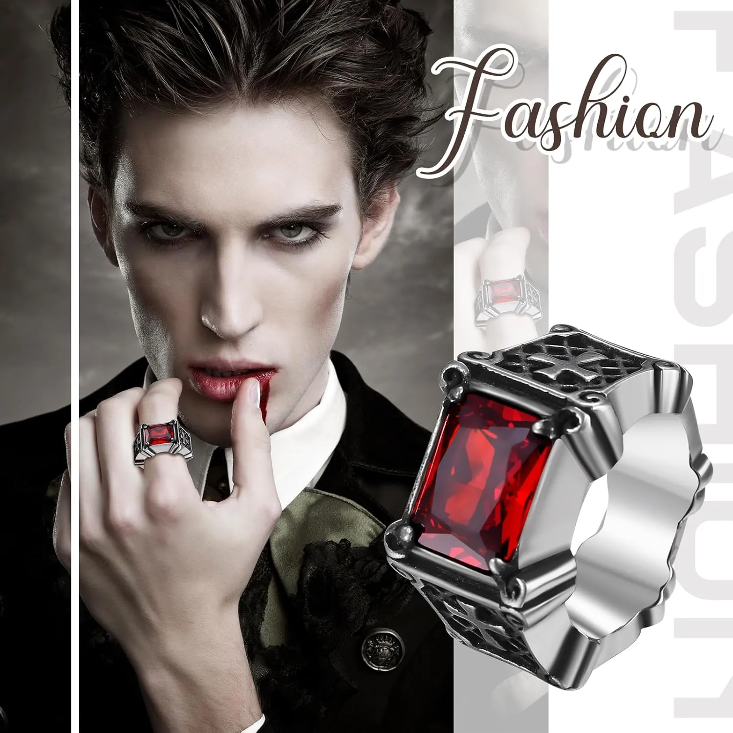 Gothic Cross Ring for Men Women: Rectangular Agate Red Black Stone Stainless Steel Biker Rings Band Pinky Ring, Size 7-13