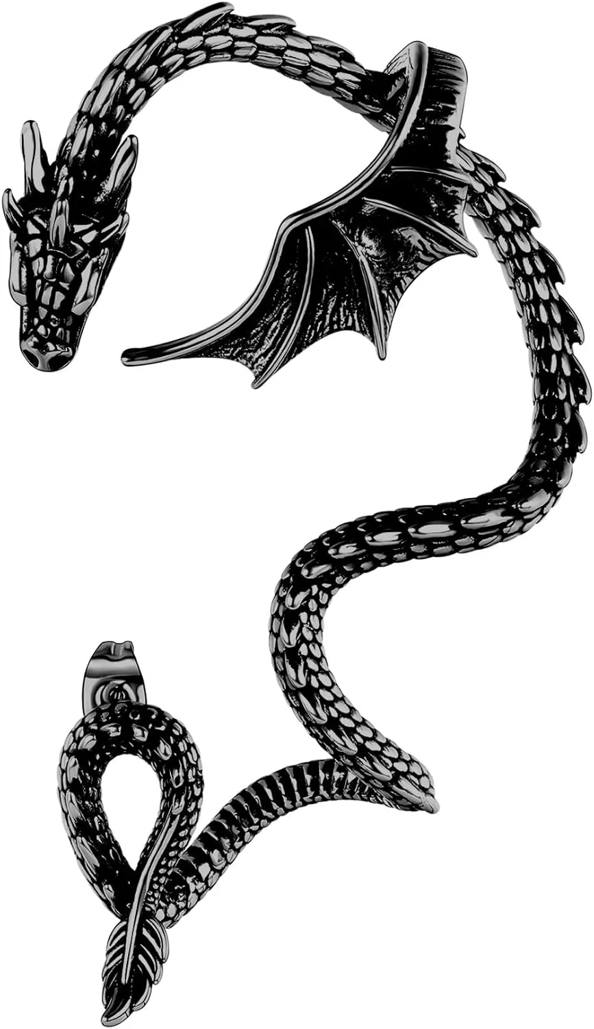 Gothic Dragon Ear Cuff - 1pcs Retro Silver Punk Hip Hop Stainless Steel Snake Dragon Cuff Earring Cartilage Climber Ear Wrap Ear Earrings Stud Wrap Snake Earrings for Women or Men